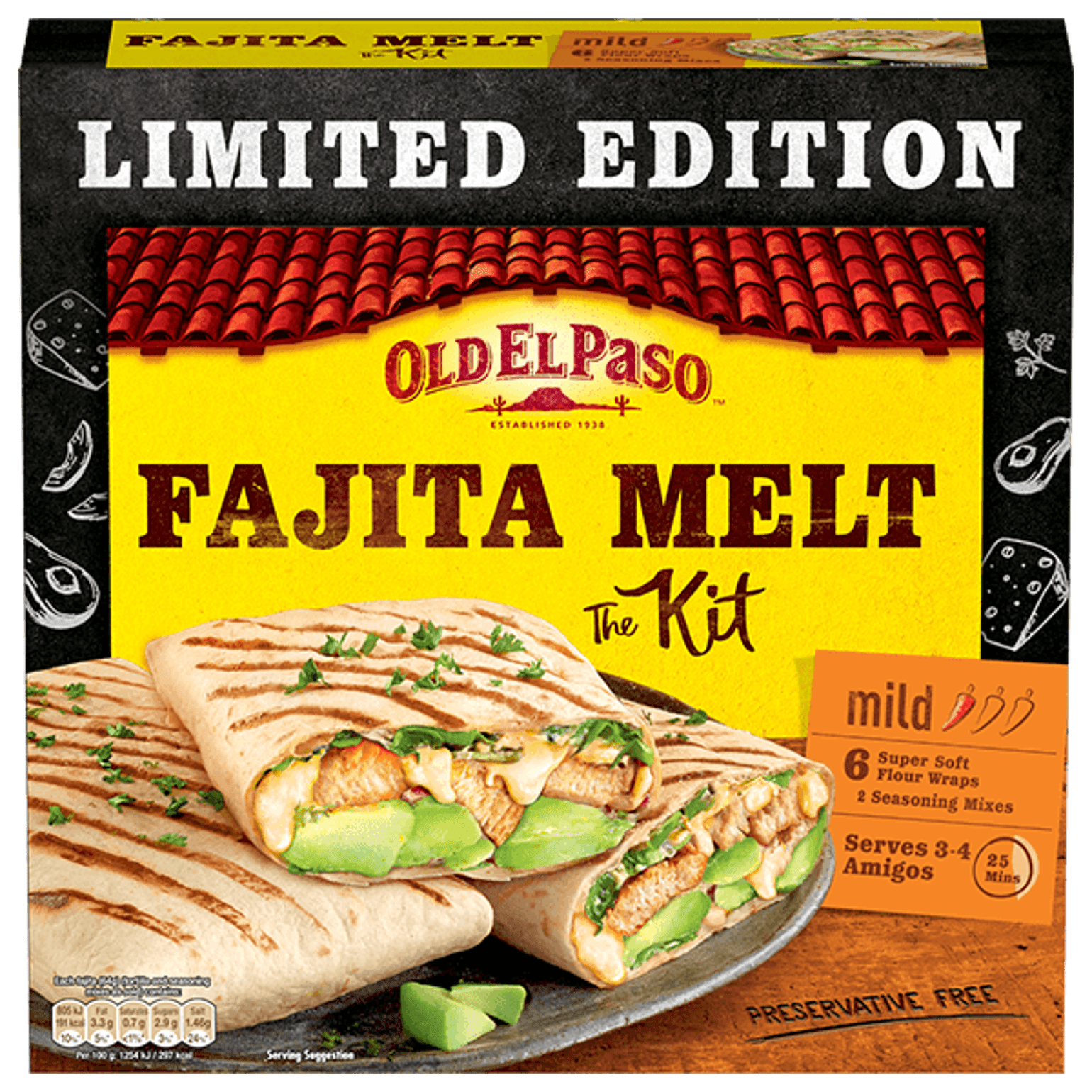 pack of Old El Paso's Mexican limited edition Fajita Melt Kit containing 6 extra soft tortillas wraps, 1 spice mix and 1 cheesy sauce mix (385g)